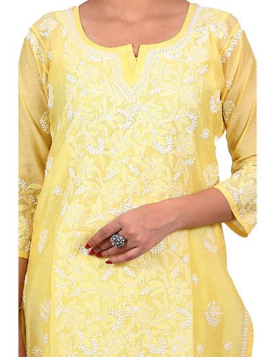 Chhangamal Hand Embroidered Yellow Colour Chanderi Cotton Chikankari Kurti