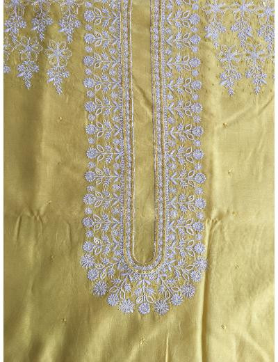 Chhangamal Hand Embroidered Yellow Colour Chanderi Silk  Chikankari Unstitched Men’s kurta Piece