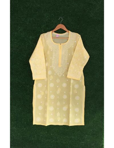 Chhangamal Hand Embroidered Yellow Colour Cotton Chikankari kurti