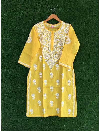 Chhangamal Hand Embroidered Yellow Colour Cotton Chikankari Kurti
