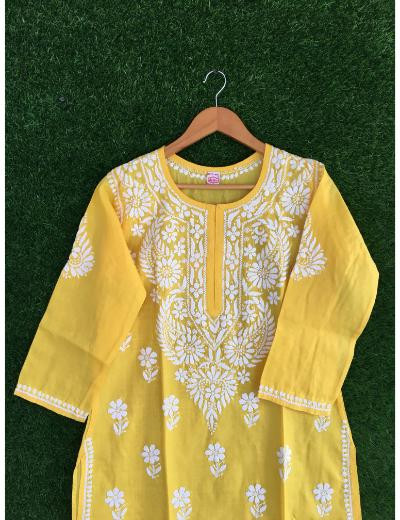 Chhangamal Hand Embroidered Yellow Colour Cotton Chikankari Kurti