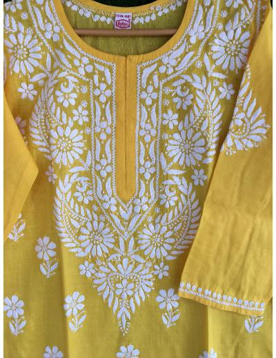 Chhangamal Hand Embroidered Yellow Colour Cotton Chikankari Kurti