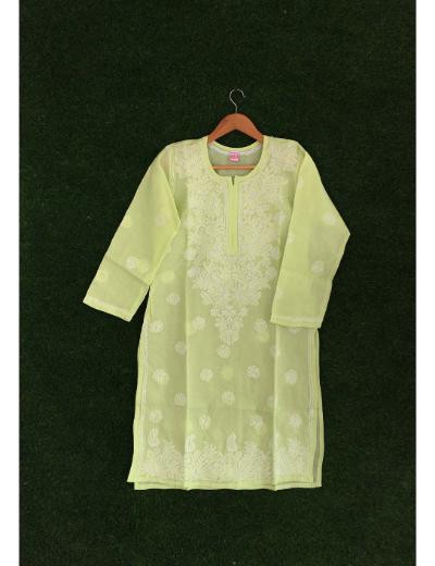 Chhangamal Hand Embroidered Yellow Colour Cotton Chikankari Kurti
