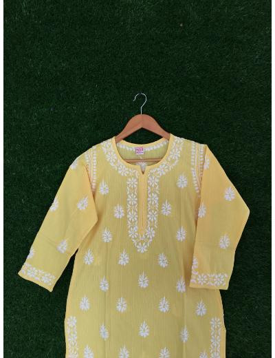 Chhangamal Hand Embroidered Yellow Colour Cotton Chikankari Kurti
