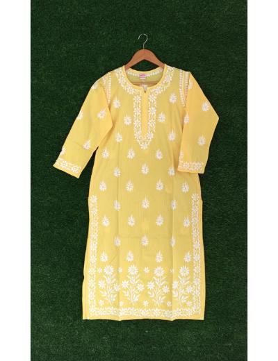 Chhangamal Hand Embroidered Yellow Colour Cotton Chikankari Kurti