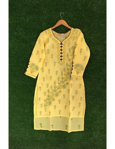 Chhangamal Hand Embroidered Yellow Colour Cotton Chikankari Kurti