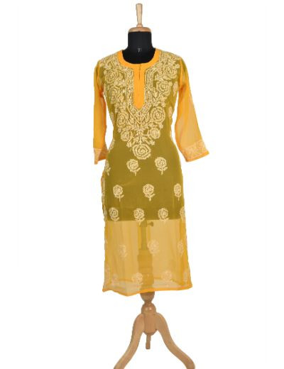 Chhangamal Hand Embroidered Yellow Colour Faux Georgette Chikankari Kurti 0523