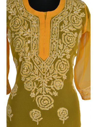Chhangamal Hand Embroidered Yellow Colour Faux Georgette Chikankari Kurti 0523