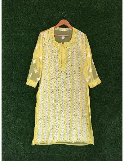 Chhangamal Hand Embroidered Yellow Colour Georgette Chikankari kurti