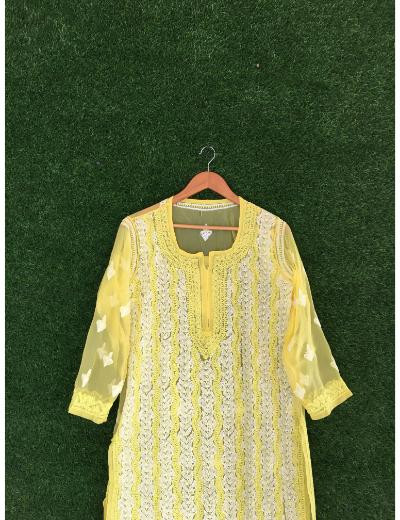 Chhangamal Hand Embroidered Yellow Colour Georgette Chikankari kurti