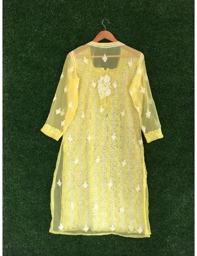 Chhangamal Hand Embroidered Yellow Colour Georgette Chikankari kurti