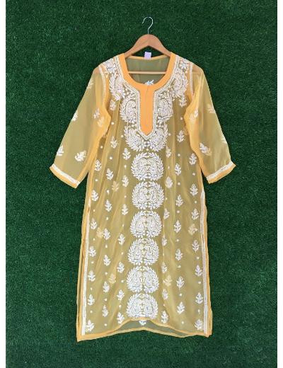 Chhangamal Hand Embroidered Yellow Colour Georgette Chikankari kurti