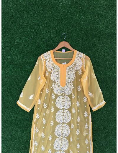 Chhangamal Hand Embroidered Yellow Colour Georgette Chikankari kurti