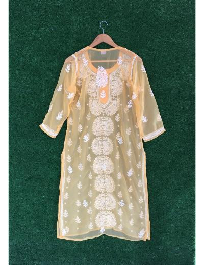 Chhangamal Hand Embroidered Yellow Colour Georgette Chikankari kurti