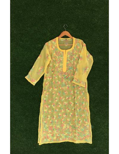 Chhangamal Hand Embroidered Yellow Colour Georgette Chikankari Kurti Piece