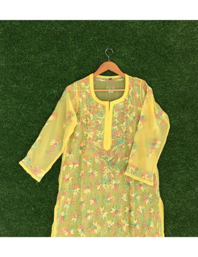Chhangamal Hand Embroidered Yellow Colour Georgette Chikankari Kurti Piece