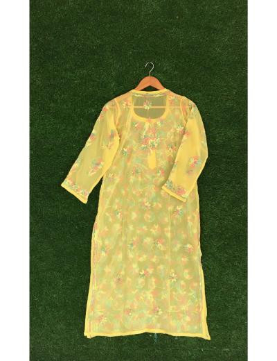 Chhangamal Hand Embroidered Yellow Colour Georgette Chikankari Kurti Piece