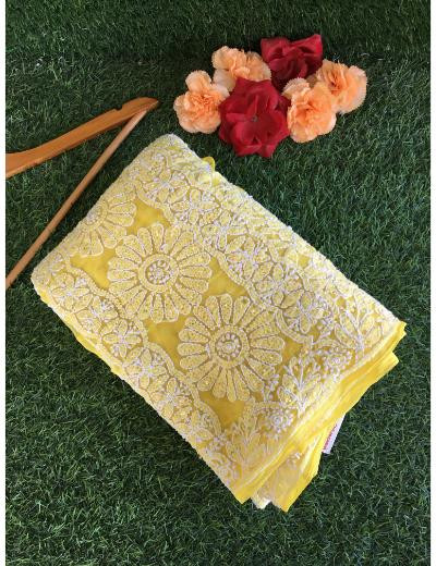Chhangamal Hand Embroidered Yellow Colour Georgette Chikankari Saree