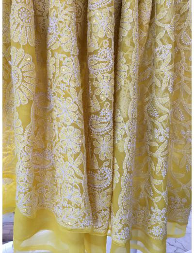 Chhangamal Hand Embroidered Yellow Colour Georgette Chikankari Saree