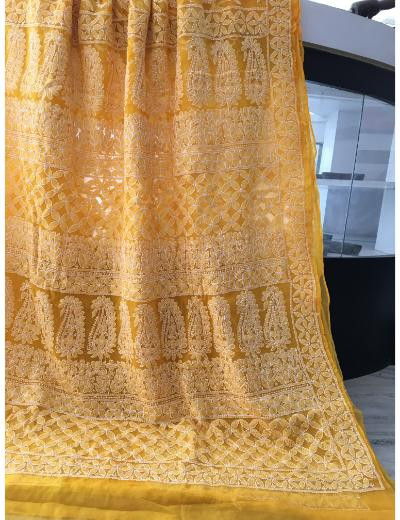 Chhangamal Hand Embroidered Yellow Colour Georgette Chikankari Saree