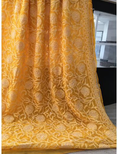 Chhangamal Hand Embroidered Yellow Colour Georgette Chikankari Saree