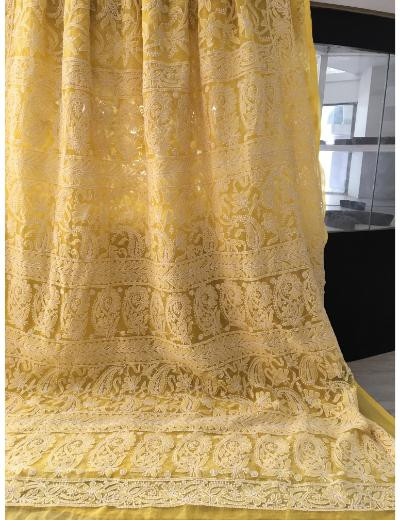 Chhangamal Hand Embroidered Yellow Colour Georgette Chikankari Saree