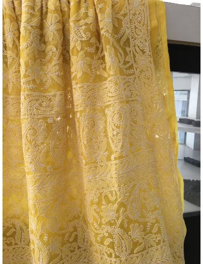 Chhangamal Hand Embroidered Yellow Colour Georgette Chikankari Saree