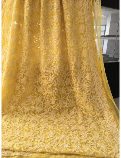 Chhangamal Hand Embroidered Yellow Colour Georgette Chikankari Saree