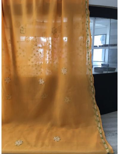 Chhangamal Hand Embroidered Yellow Colour Georgette Chikankari Saree