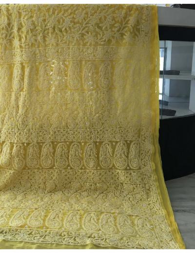 Chhangamal Hand Embroidered Yellow Colour Georgette Chikankari Saree