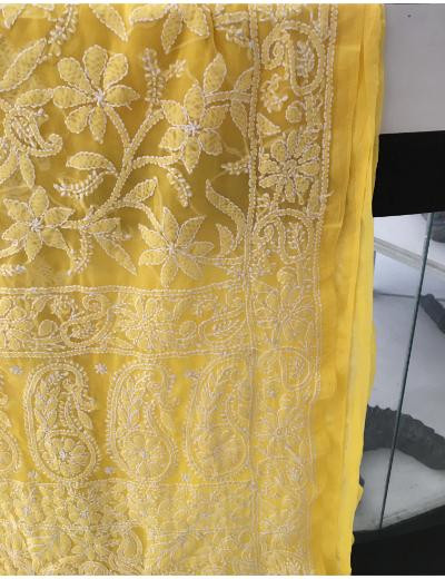 Chhangamal Hand Embroidered Yellow Colour Georgette Chikankari Saree