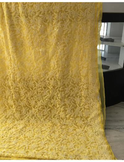 Chhangamal Hand Embroidered Yellow Colour Georgette Chikankari Saree