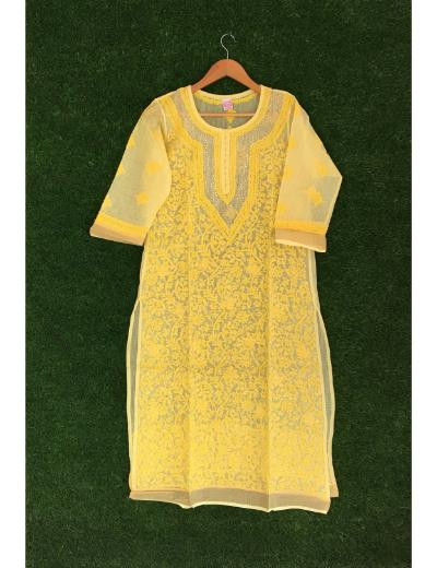 Chhangamal Hand Embroidered Yellow Colour Kota Chikankari Kurti