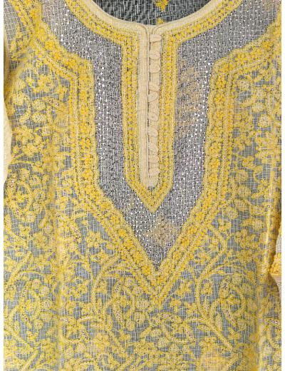 Chhangamal Hand Embroidered Yellow Colour Kota Chikankari Kurti