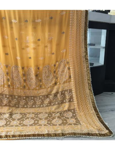 Chhangamal Hand Embroidered Yellow Colour Pure Georgette  Chikankari Saree Piece