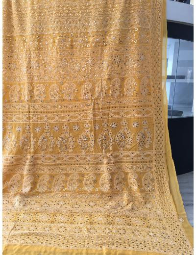 Chhangamal Hand Embroidered Yellow Colour Pure Georgette  Chikankari Saree Piece