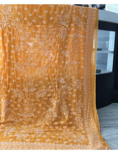 Chhangamal Hand Embroidered Yellow Colour Pure Georgette  Chikankari Saree Piece