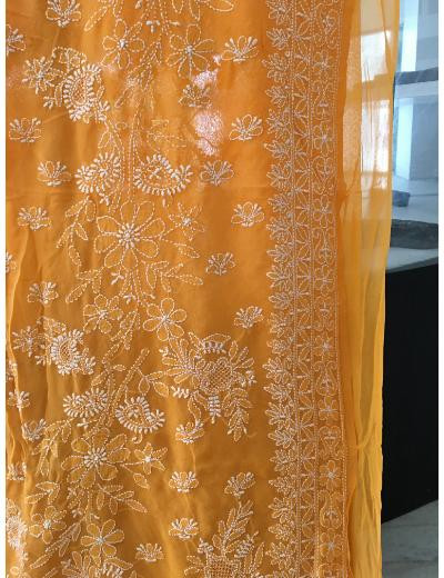 Chhangamal Hand Embroidered Yellow Colour Pure Georgette  Chikankari Saree Piece