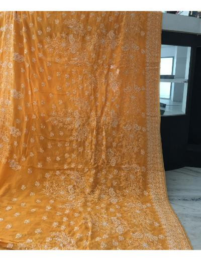 Chhangamal Hand Embroidered Yellow Colour Pure Georgette  Chikankari Saree Piece