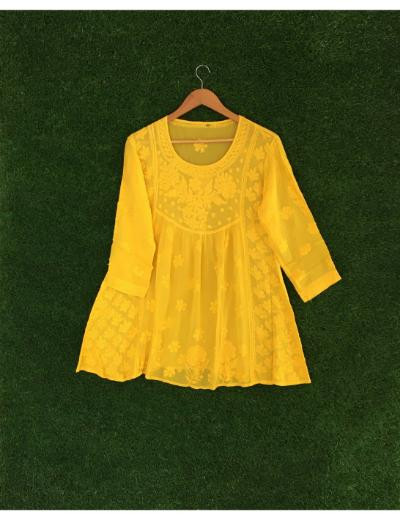 Chhangamal Hand Embroidered Yellow Colour Pure Georgette Chikankari Top