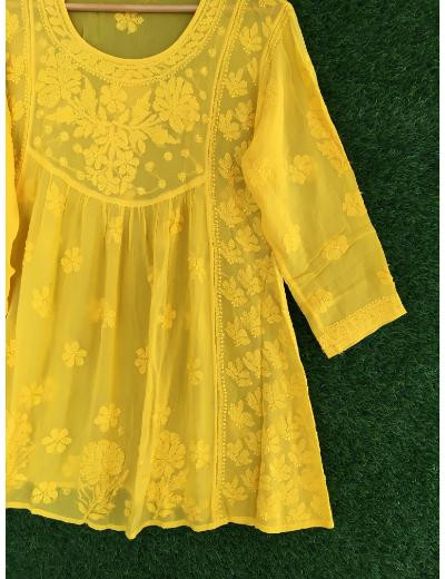 Chhangamal Hand Embroidered Yellow Colour Pure Georgette Chikankari Top