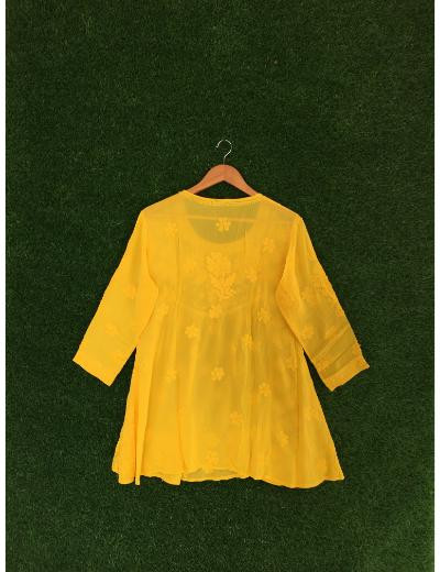 Chhangamal Hand Embroidered Yellow Colour Pure Georgette Chikankari Top