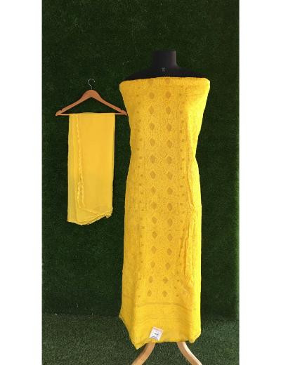 Chhangamal Hand Embroidered Yellow Colour Silk Chikankari Suit Length