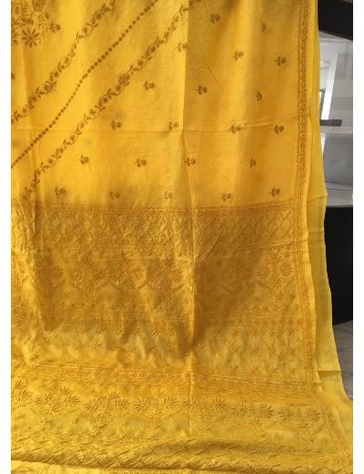 Chhangamal Hand Embroidered Yellow Colour Tussar Slik Chikankari Saree