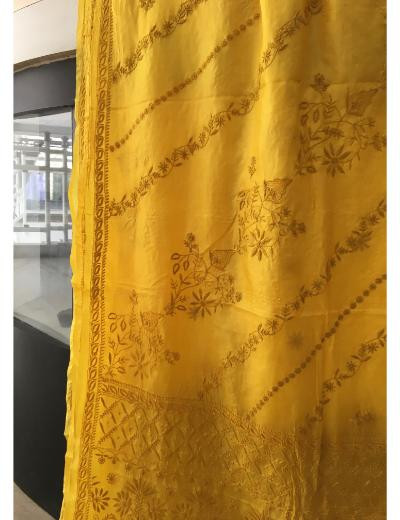 Chhangamal Hand Embroidered Yellow Colour Tussar Slik Chikankari Saree