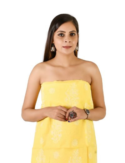 Chhangamal Hand Embroidered Yellow Cotton Blend Chikankari Suitlength