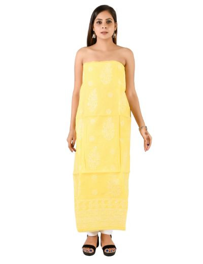 Chhangamal Hand Embroidered Yellow Cotton Blend Chikankari Suitlength