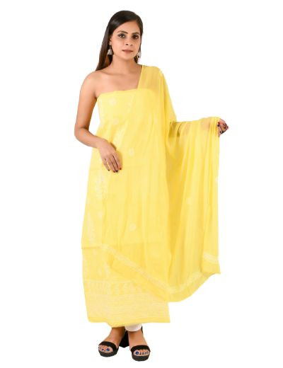 Chhangamal Hand Embroidered Yellow Cotton Blend Chikankari Suitlength