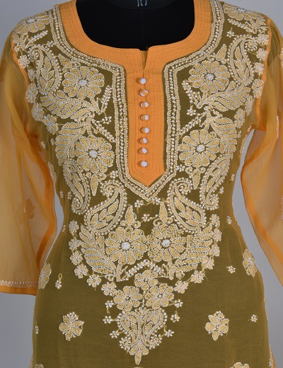Chhangamal Hand Embroidered Yellow Cotton Chikankari Kurti
