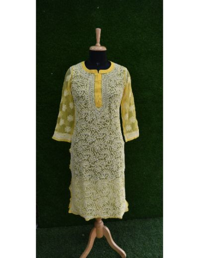 Chhangamal Hand Embroidered Yellow Faux Georgette Chikankari Kurti